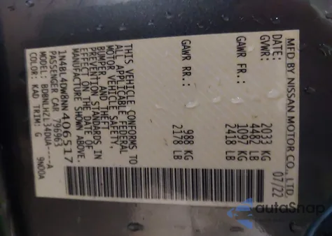 2022 Nissan Altima Sv Intelligent Awd из США, поврежденный, VIN 1N4BL4DW8NN406517